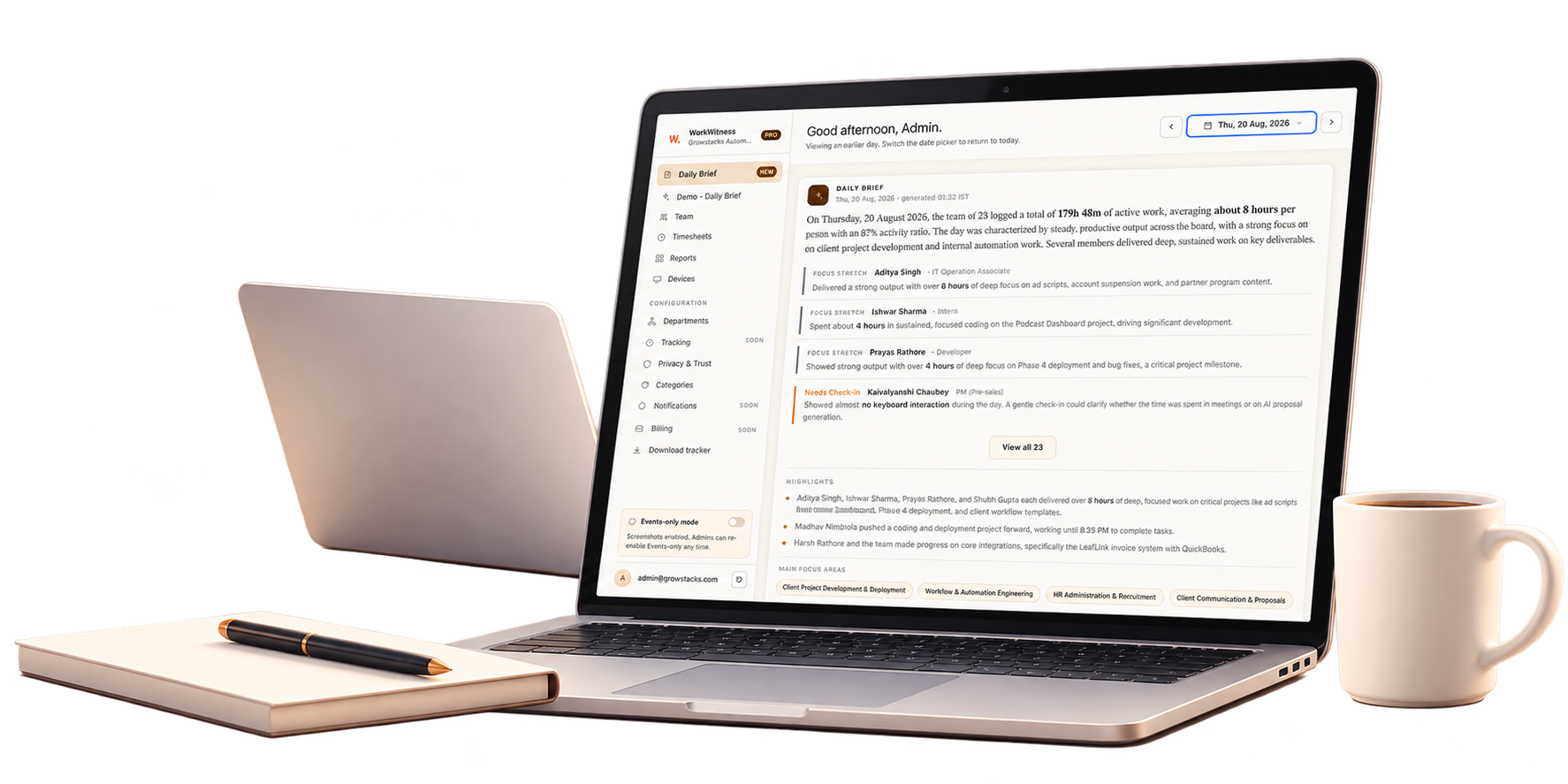 The WorkWitness dashboard on a laptop showing an AI-generated daily brief of the team's work